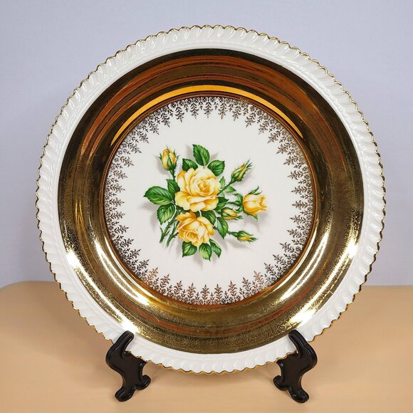 Georgian China 22 Kt Gold Yellow Roses Round Decorative Plate - Picture 1 of 4